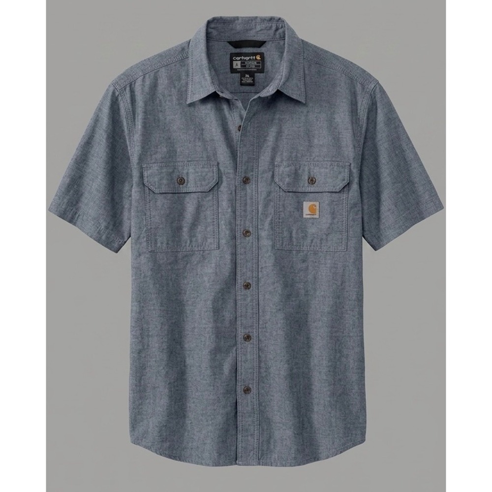 Carhartt Men's Large Loose Fit Chambray Shirt Short Sleeve Dual Pocket Blue